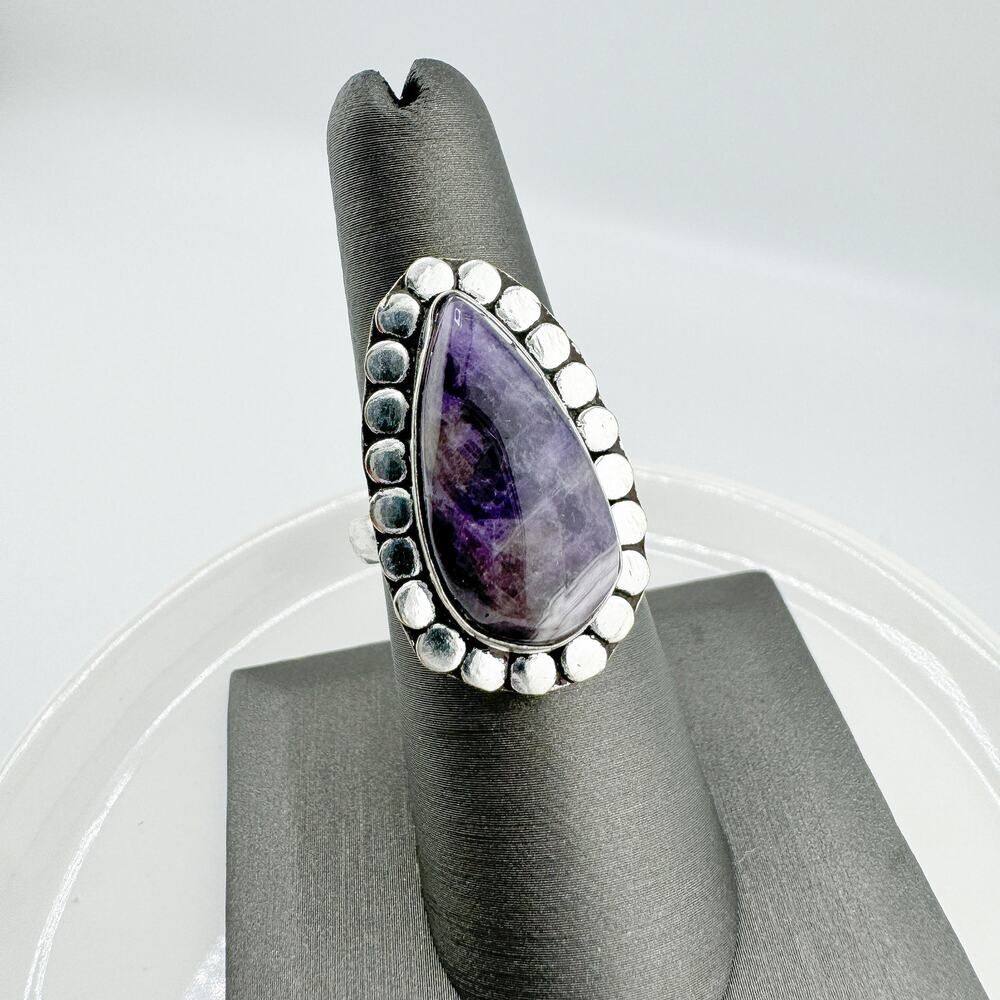 Vintage Amethyst Teardrop Cabochon Ring Sterling Silver Chunky Glam Bling Boho - Picture 3 of 7